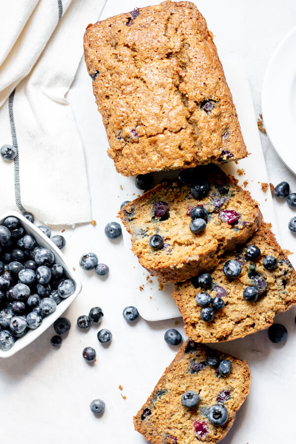 thick slices of Blueberry Banana Bread made with Oat Flour