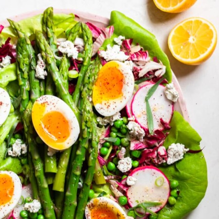 Close up of asparagus salad with eggs.