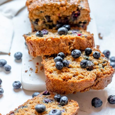 Close up of blueberry banana bread slices.