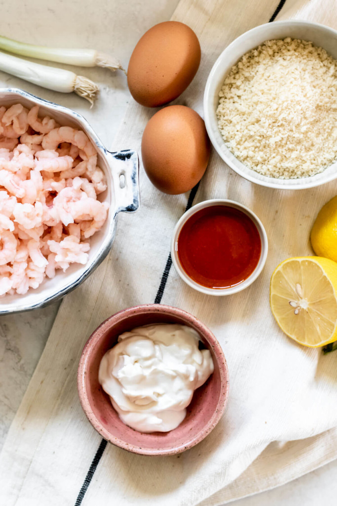 Bowls of ingredients needed for crispy shrimp dip