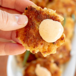 hand holding crsipy shrimp cake with spicy mayo dip