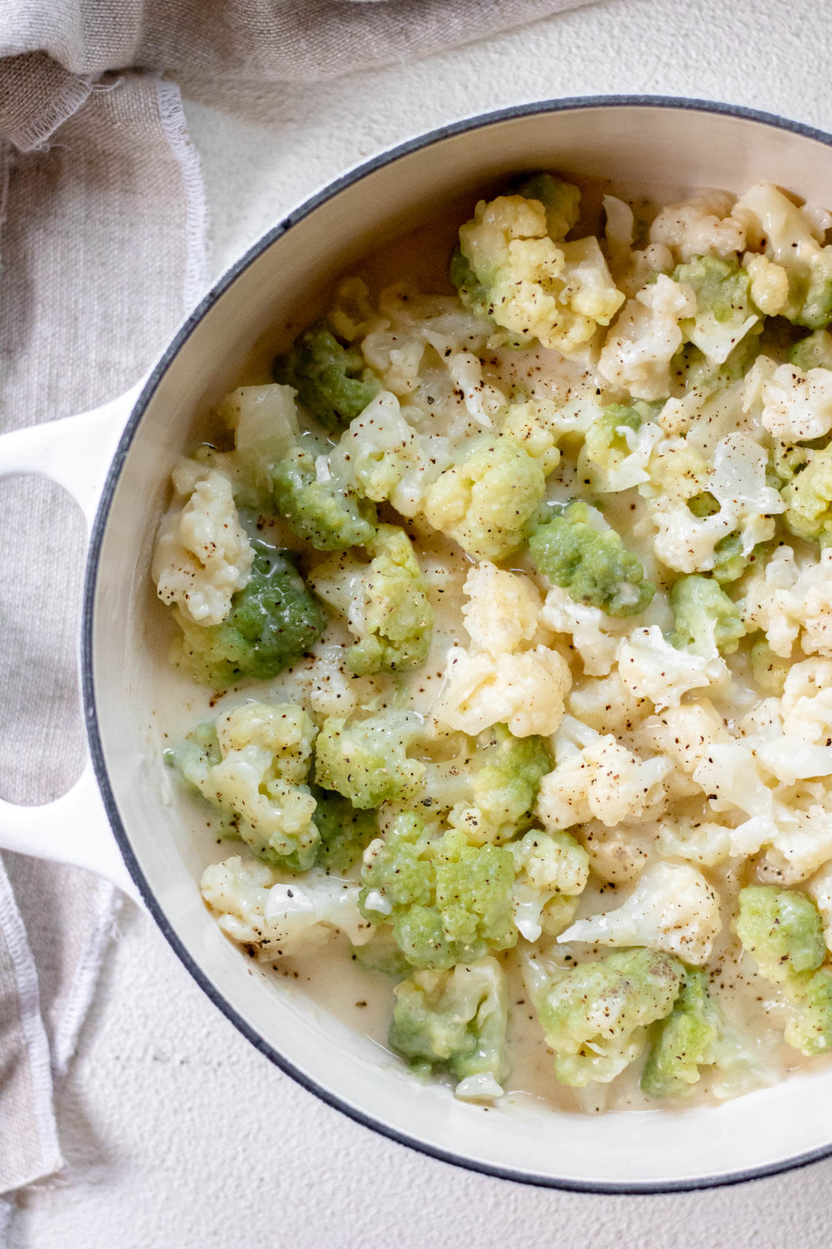 White pot of creamed cauliflower on white background