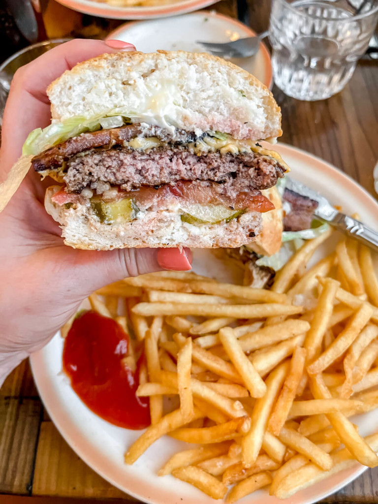 close up shot of burger and fries