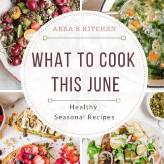 what to cook in June, image for pinterest with 4 smaller images of seasonal recipes
