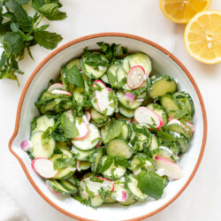 white bowl of cucumber radish salad on white background with lemon and mint in the background