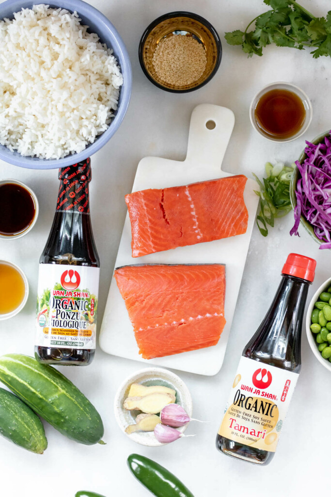 flat lay of ingredients needed for salmon rice bowls