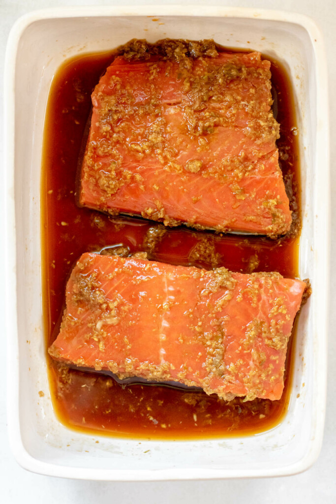 wild salmon marinating in ponzu sauce ginger, garlic, and honey