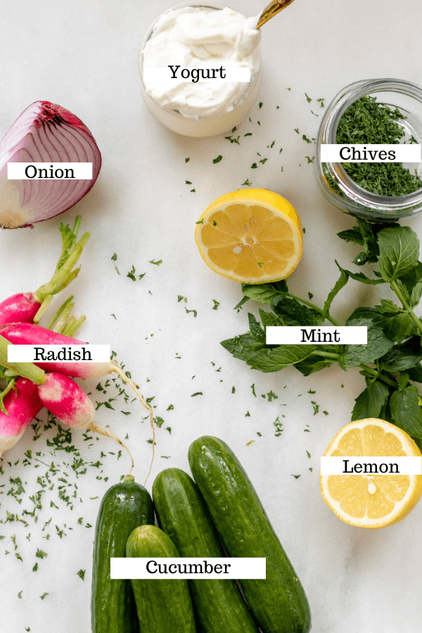 ingredients needed for cucumber radish salad, cucumber radish, onion, lemon, mint, chives, greek yogurt