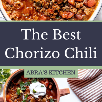 image for pinterest of chorizo chili with caption "the best chorizo chili"