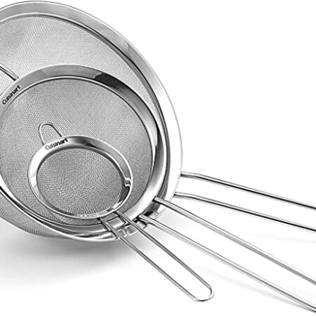 INCLUDED: The Cuisinart set of strainers comes in 3 sizes from 3-⅛-inch, 5-½-inch and 7-⅞-inch sizes USED FOR: Excellent for sifting dry ingredients