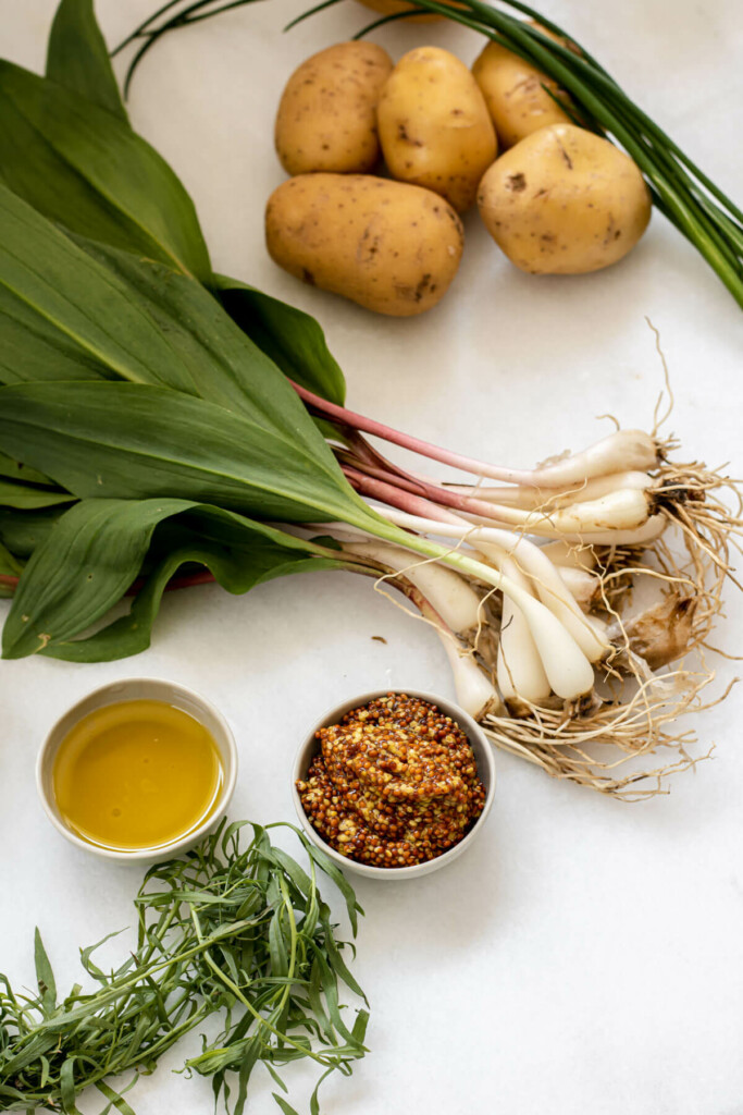 ramps, potatoes, and chives, on white background. Ingredients needed for ramp potato salad
