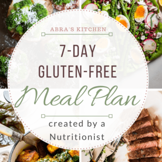 Graphic showing 4 photos of food with text that reads 7-day gluten free meal plan created by a nutritionist