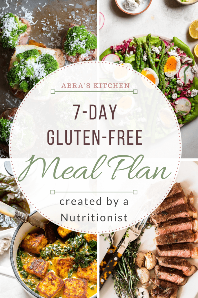 Graphic showing 4 photos of food with text that reads 7-day gluten free meal plan created by a nutritionist