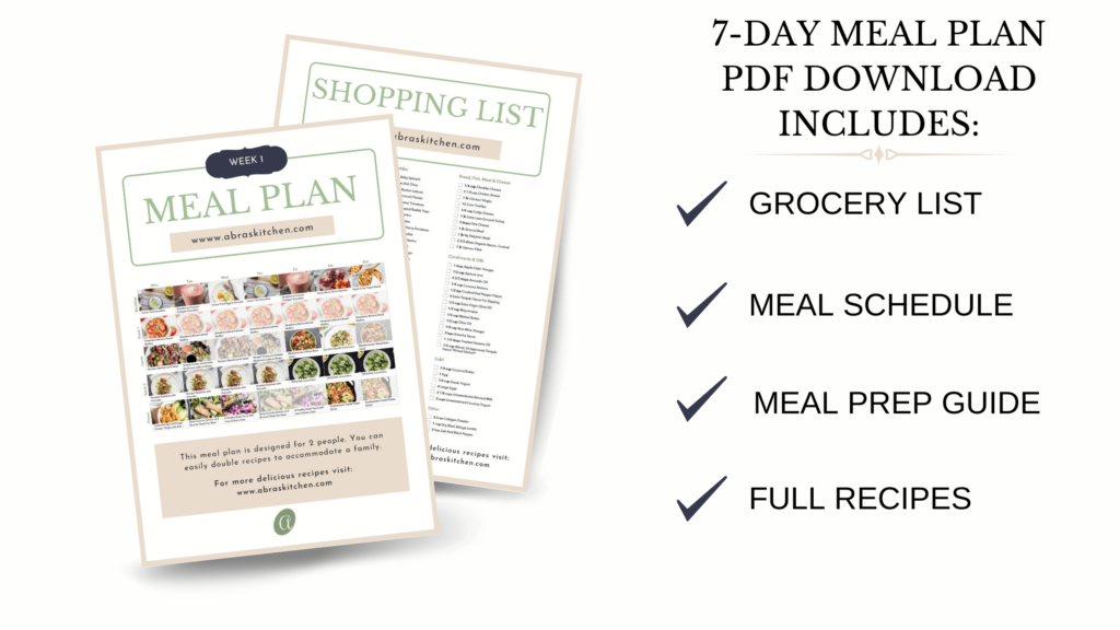 meal plan graphic reading 7-day meal plan pdf download includes: grocery list, meal schedule, meal prep guide, full recipes