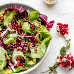 Large bowl of radicchio salad on a white background with mint and pomegranate