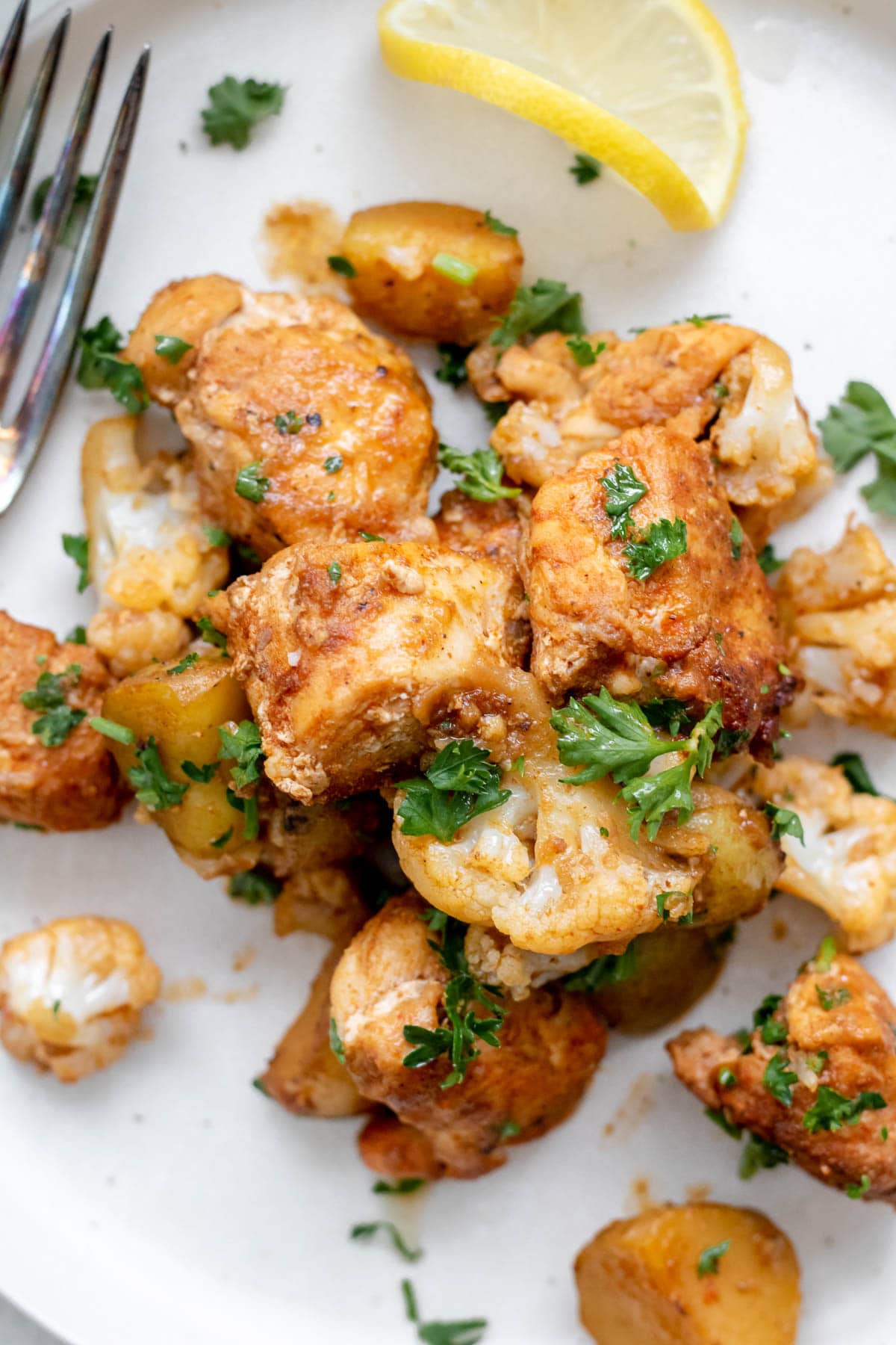 close up shot of chicken and potatoes on a white dish with a fork on the left