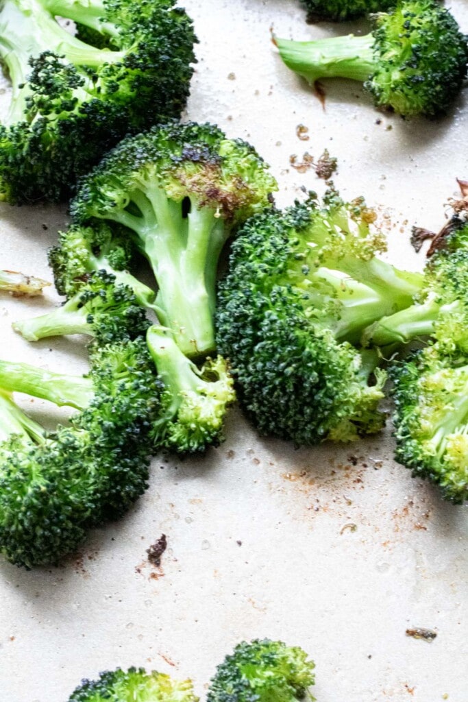 a sheet tray of roasted broccoli