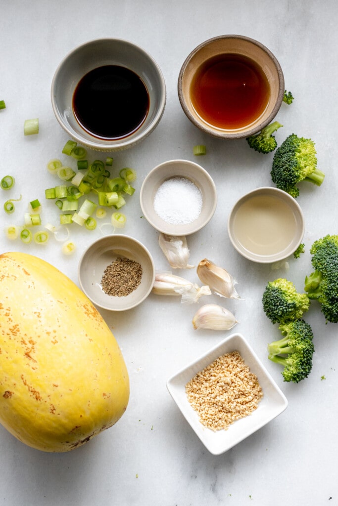 Ingredients on a white background for sesame spaghetti squash noodles