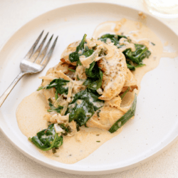 round plate with creamy tarragon chicken