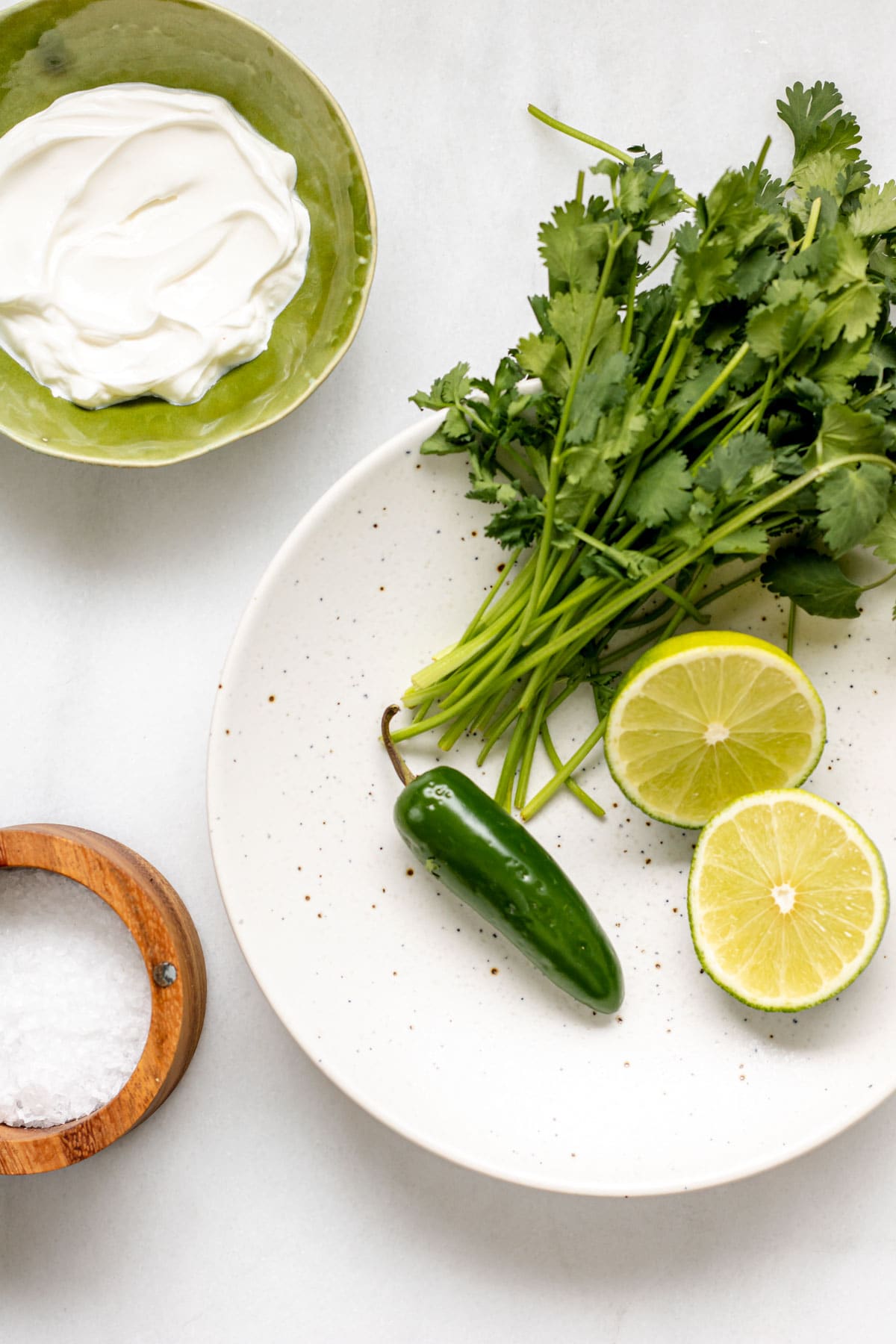 jalapeno, cilantro, sour cream, lime, and salt on a white background