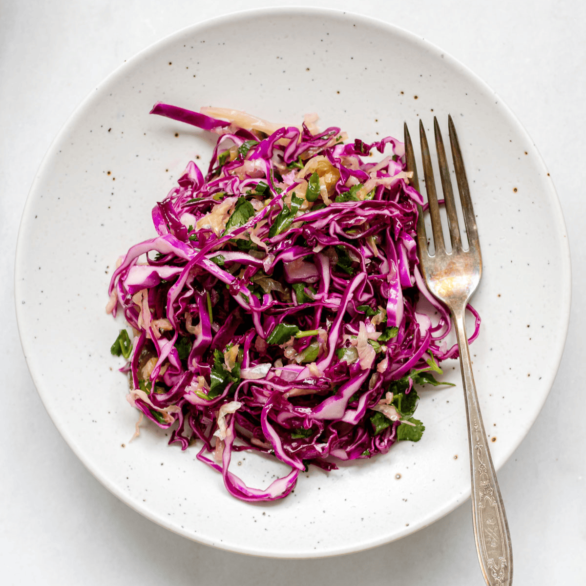 Composed cabbage probiotic slaw in a bowl with a fork.