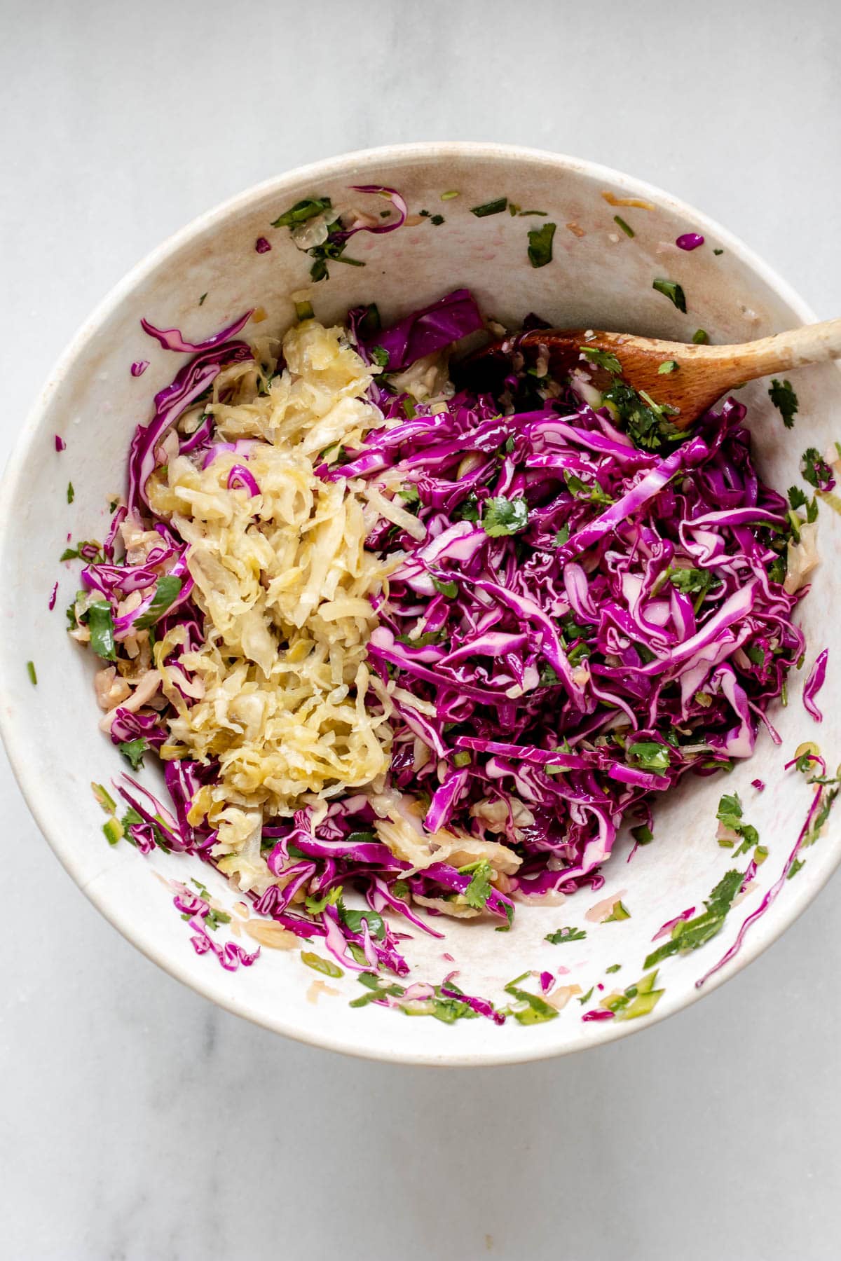 Ingredients for cabbage sauerkraut probiotic slaw in a large bowl.