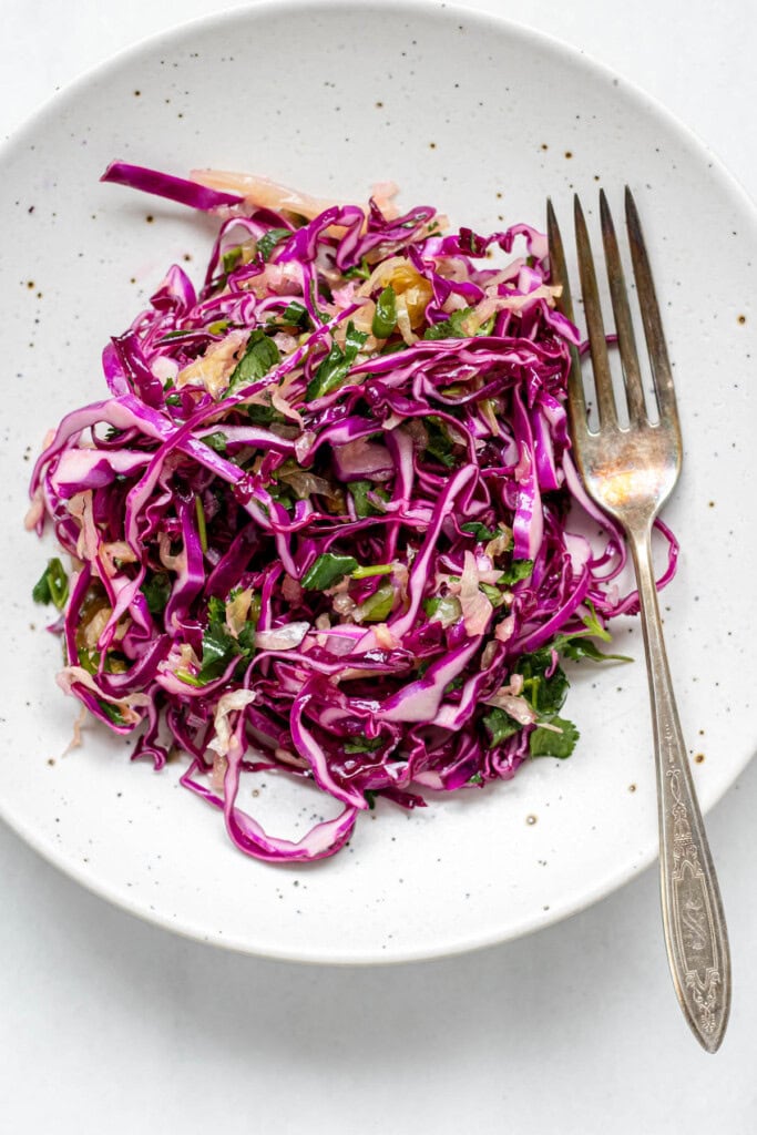 Composed cabbage probiotic slaw in a bowl with a fork.