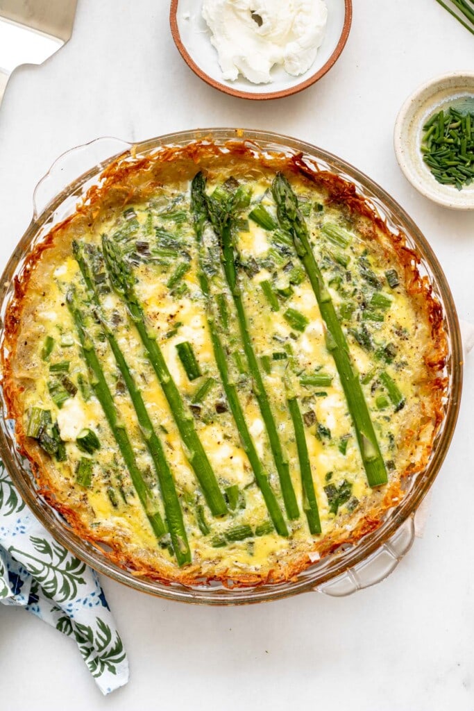 large pie plate of asparagus quiche