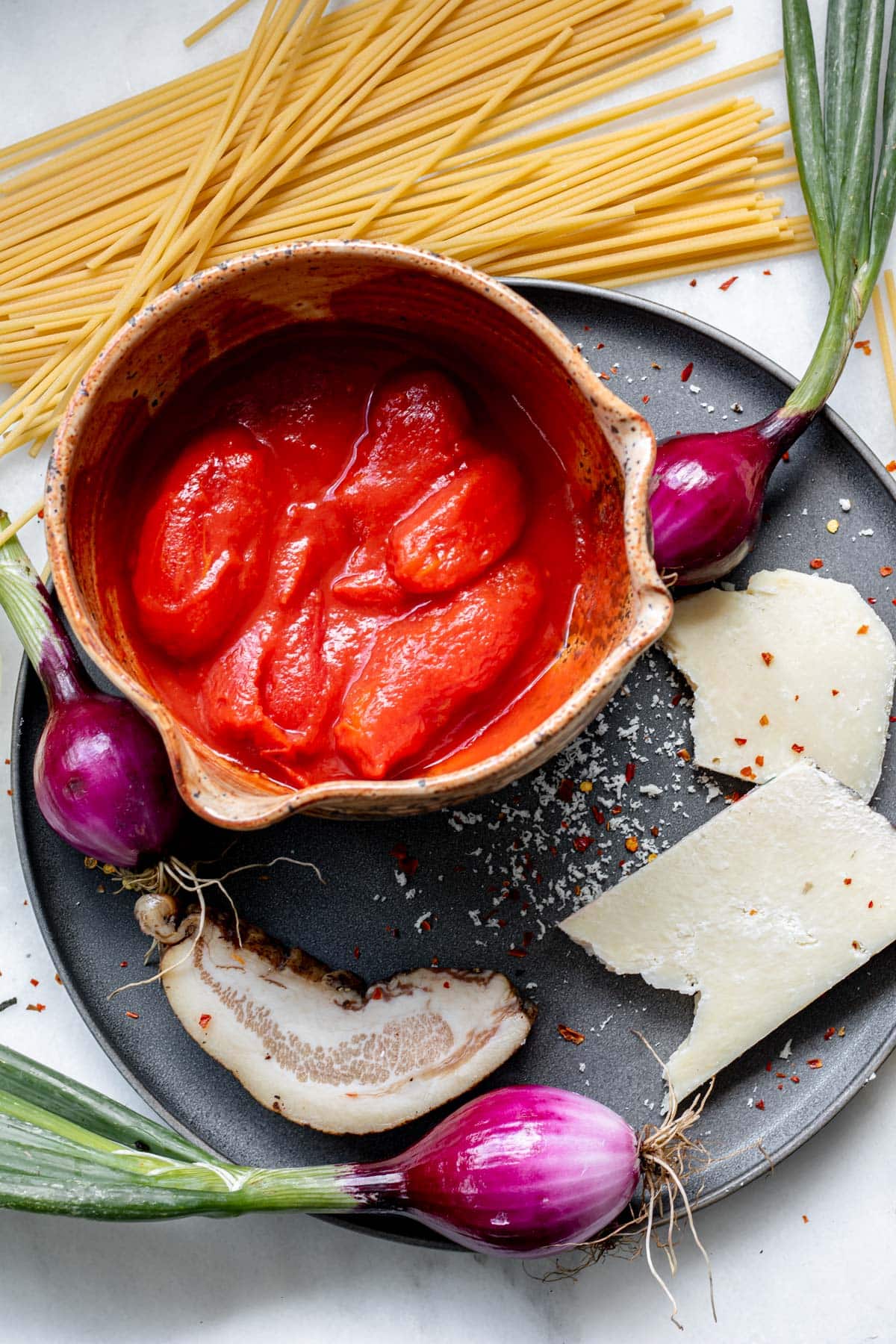 tomatoes, pasta, cheese, onions, and guanciale laid out on a round plate