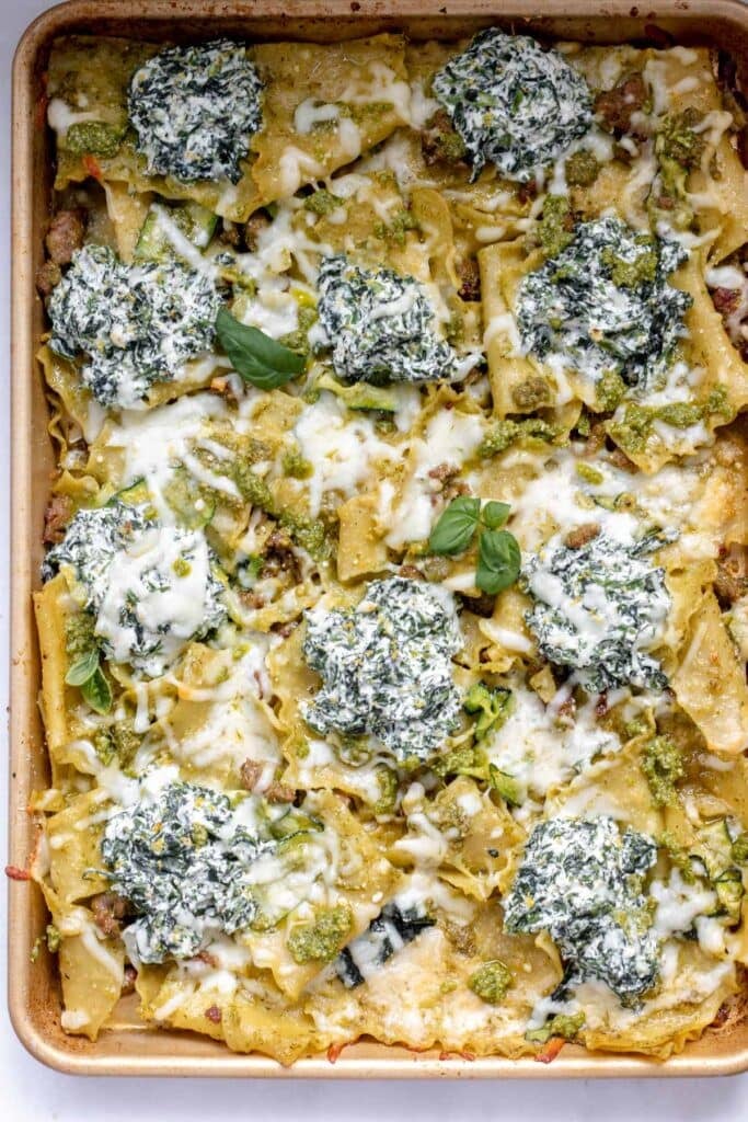 Spinach and ricotta sheet pan lasagna with sausage