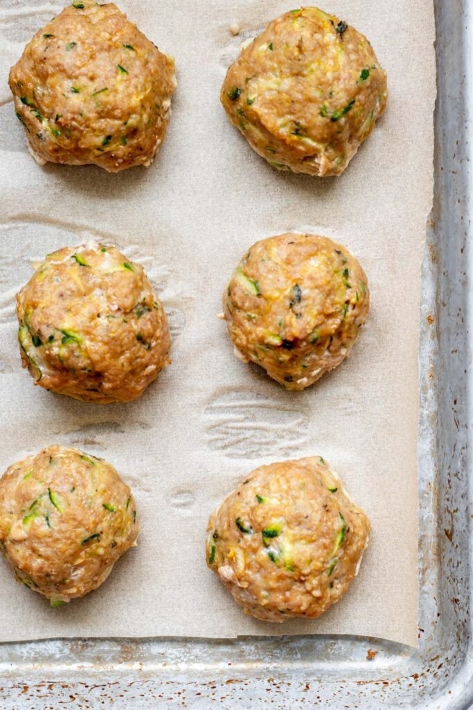 sheet tray of turkey zucchini meatballs