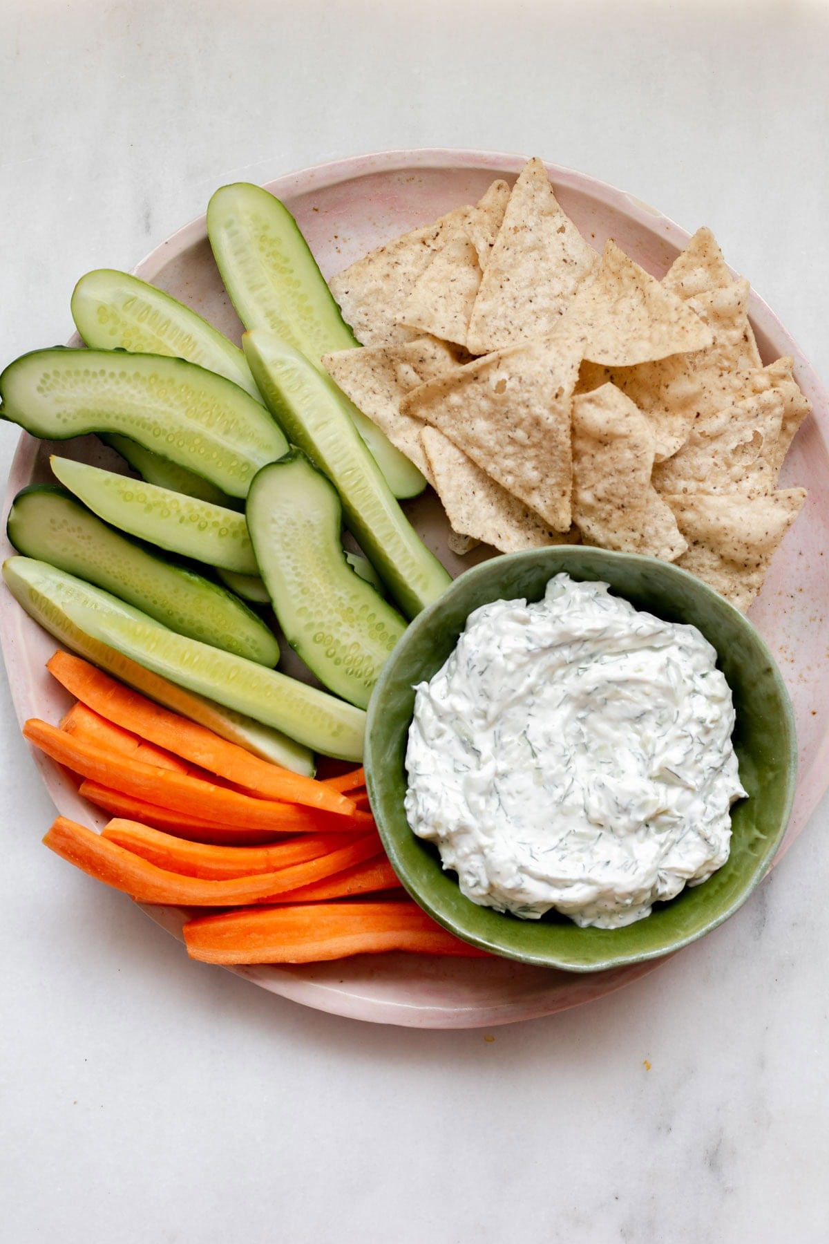 platter of veggies and zucchini tzatziki dip