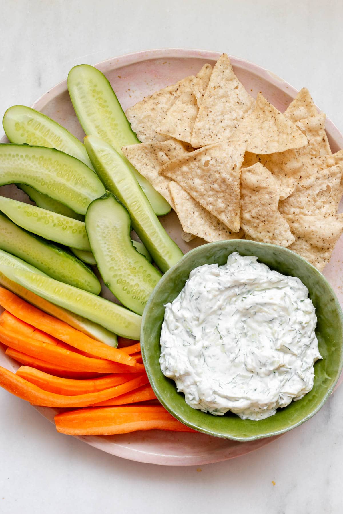 platter of veggies and zucchini tzatziki dip