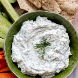 platter of veggies and zucchini tzatziki dip