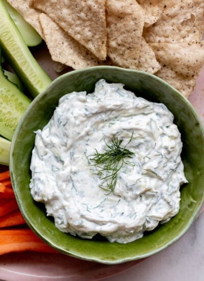 platter of veggies and zucchini tzatziki dip