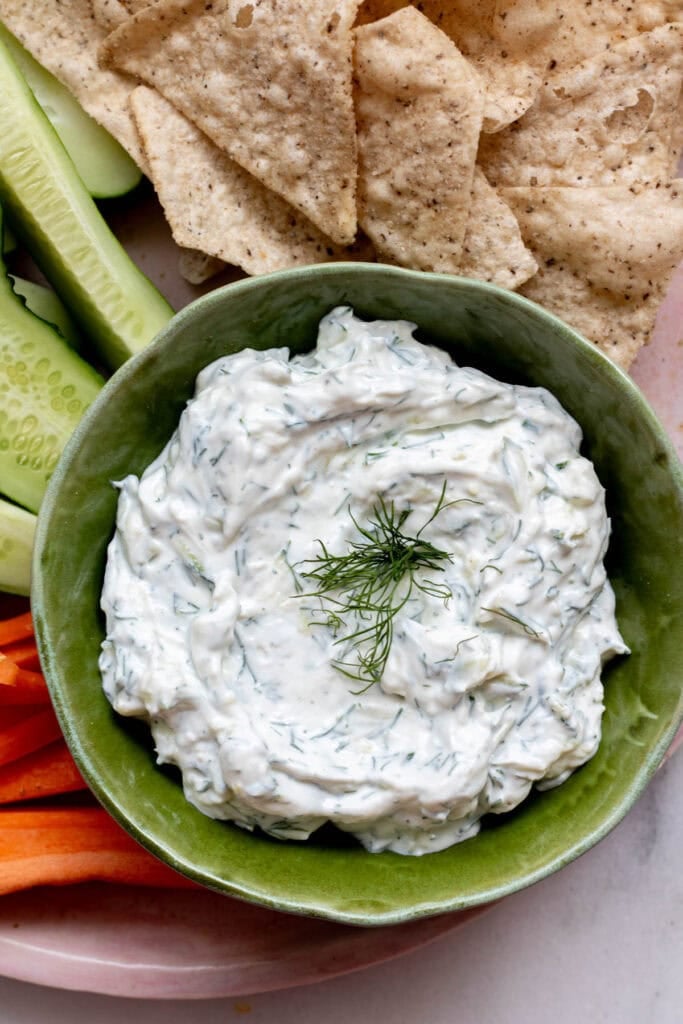 platter of veggies and zucchini tzatziki dip