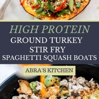 Image of spaghetti squash boats that reads high protein ground turkey stir fry spaghetti squash boats