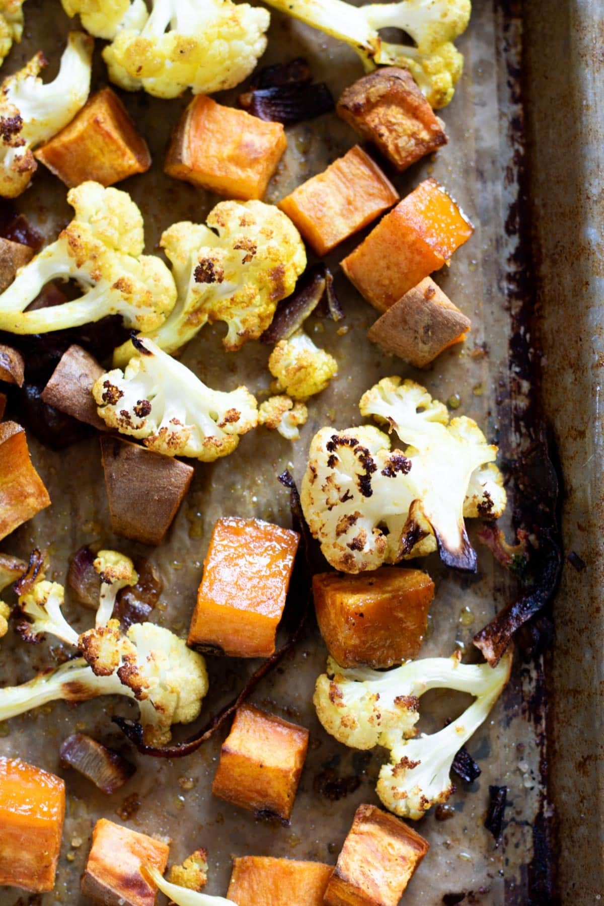 roasted curried cauliflower, sweet potato, and onion