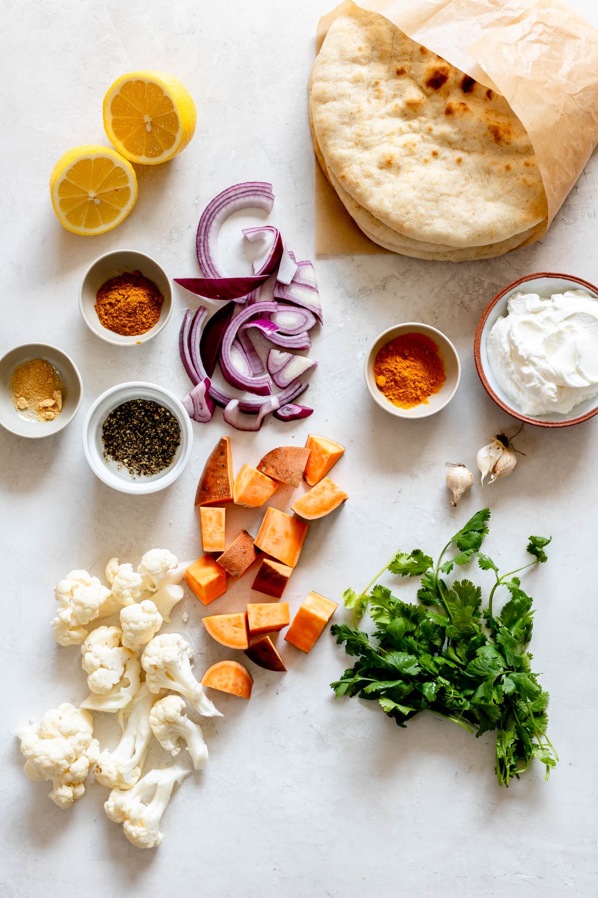 Ingredients for curried roasted cauliflower pita