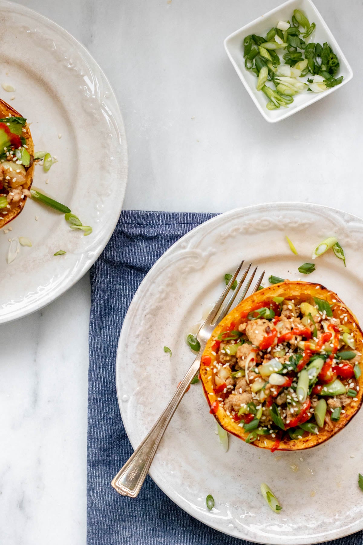 ground turkey stir fry inside a spaghetti squash boat