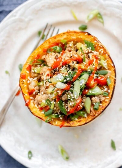 ground turkey stir fry inside a spaghetti squash boat