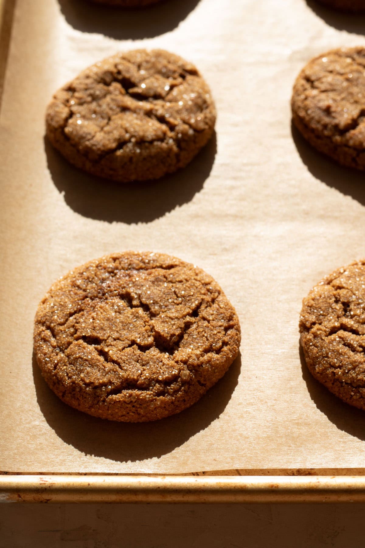 gluten free molasses cookies on a sheet tray