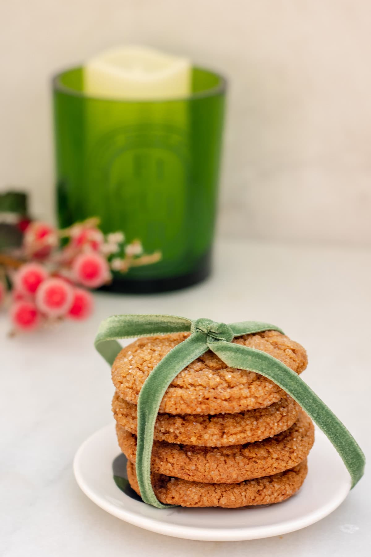 stack of molasses cookies tied up with a ribbon