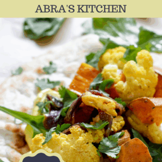 Image of pita with text that reads anti inflammatory curry cauliflower pita