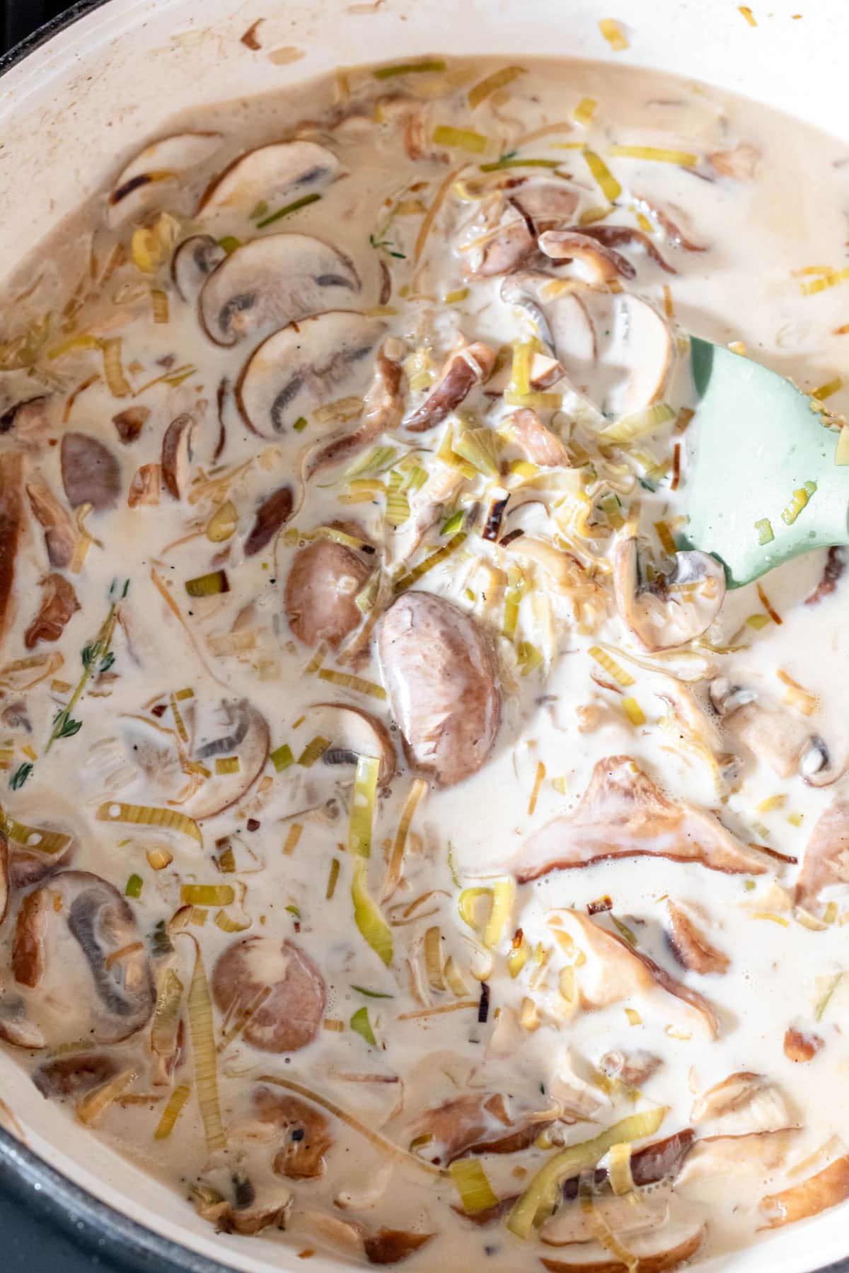 mushrrom and leek sauce in a pan