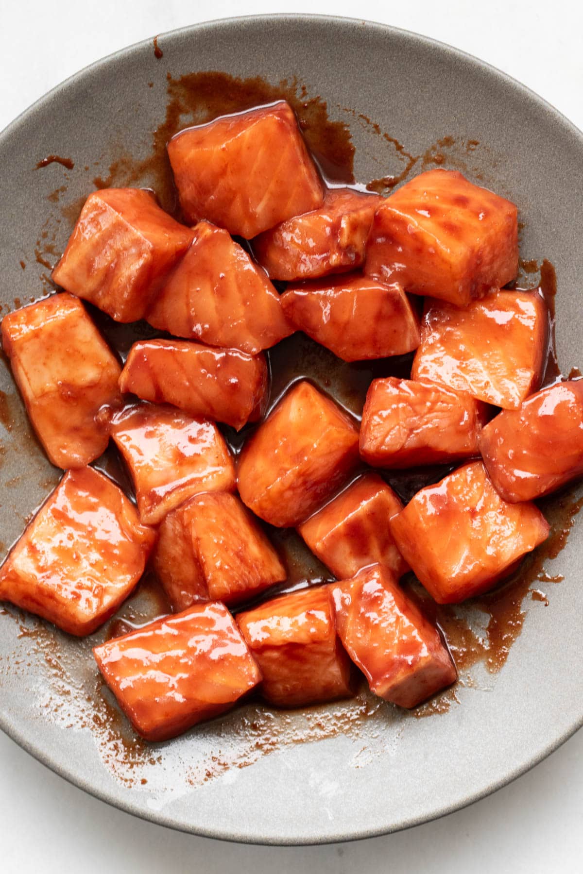 salmon chunks coated in glaze
