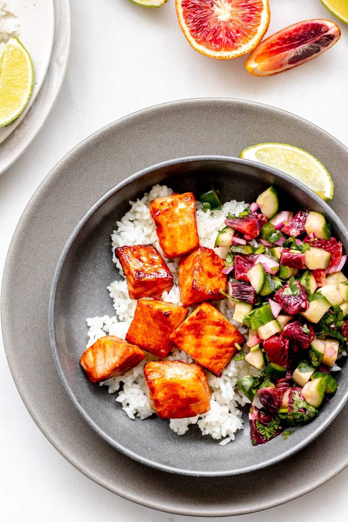 hot honey salmon bowl on a grey plate