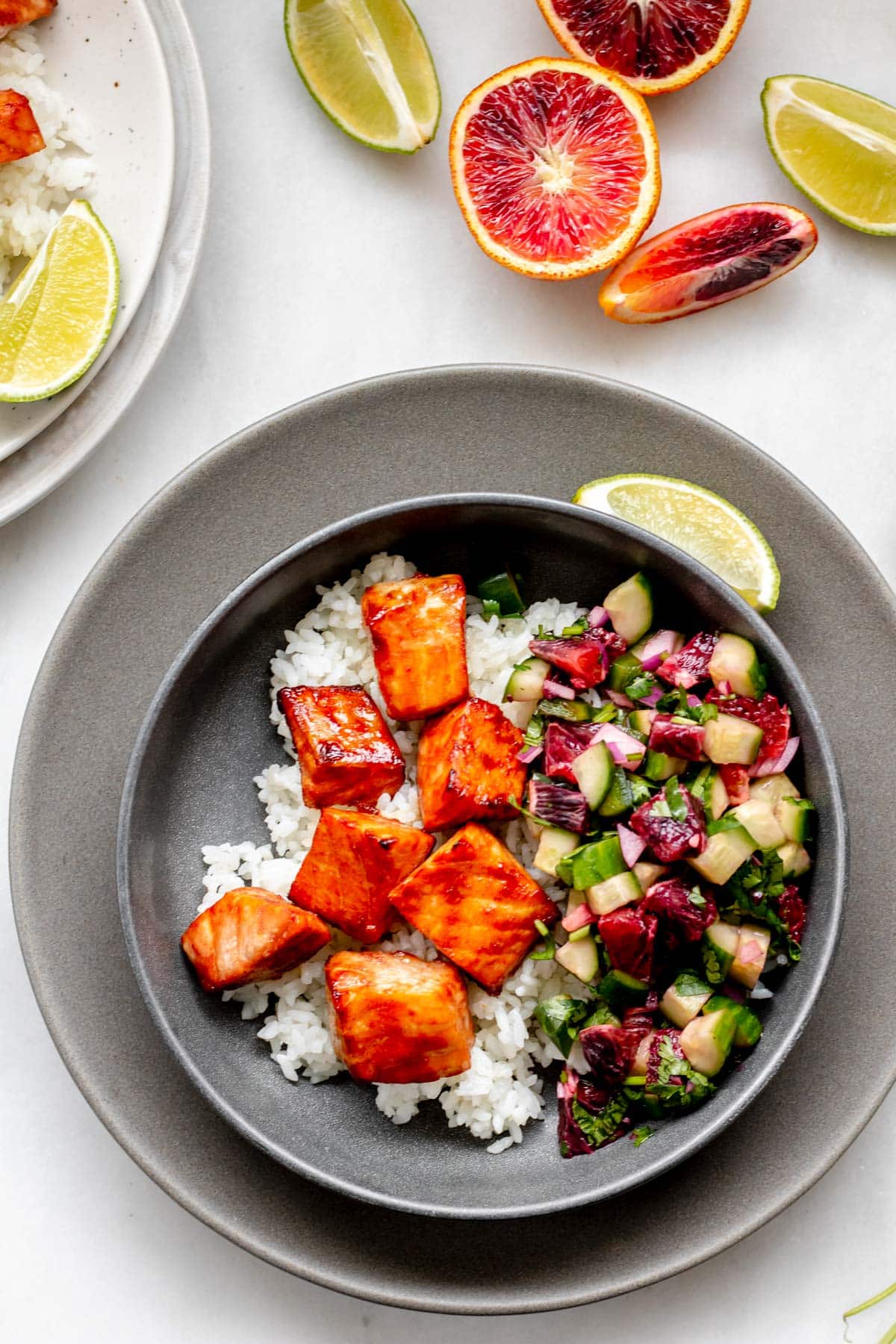 hot honey salmon bowl on a grey plate