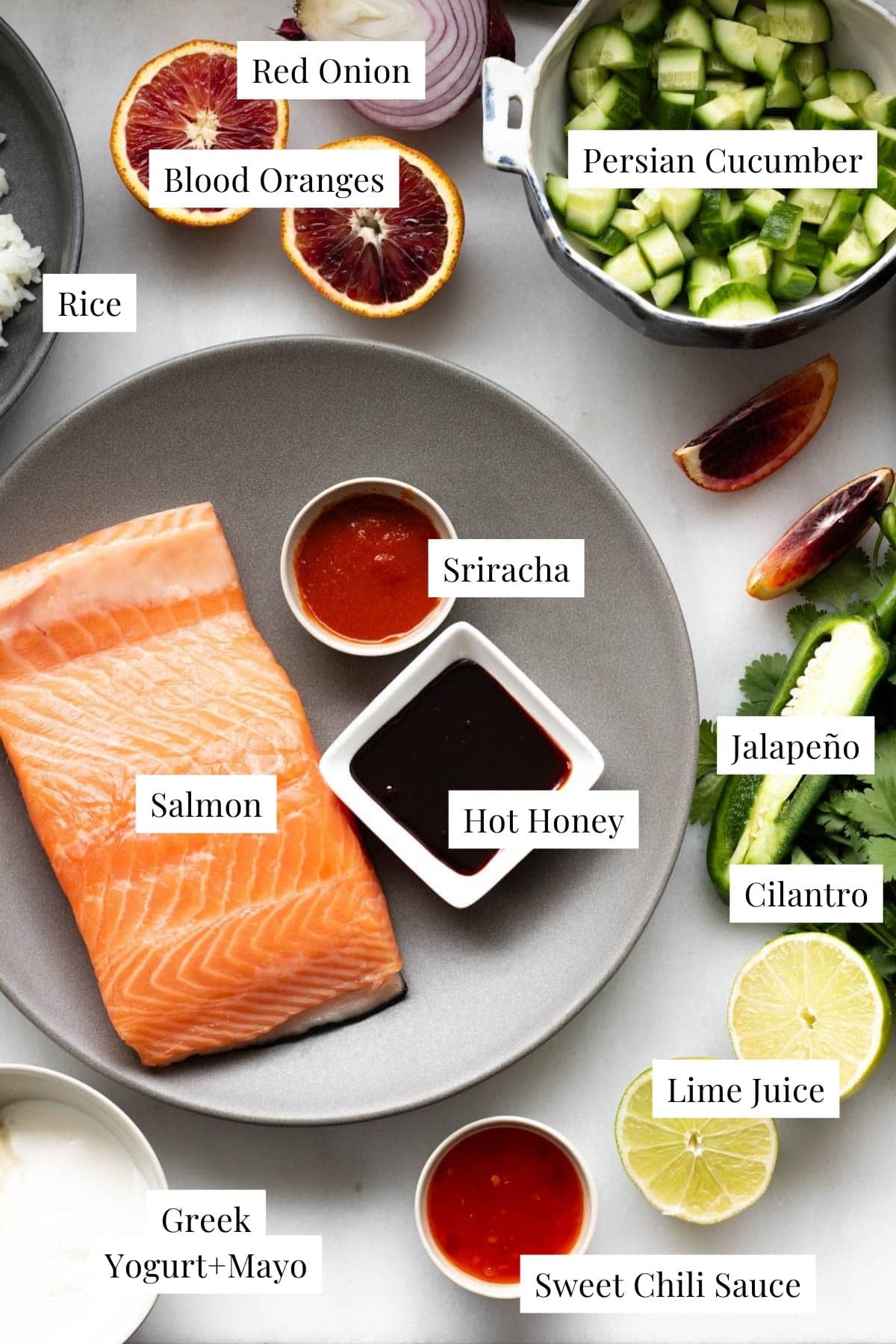 ingredients needed for hot honey salmon bowl