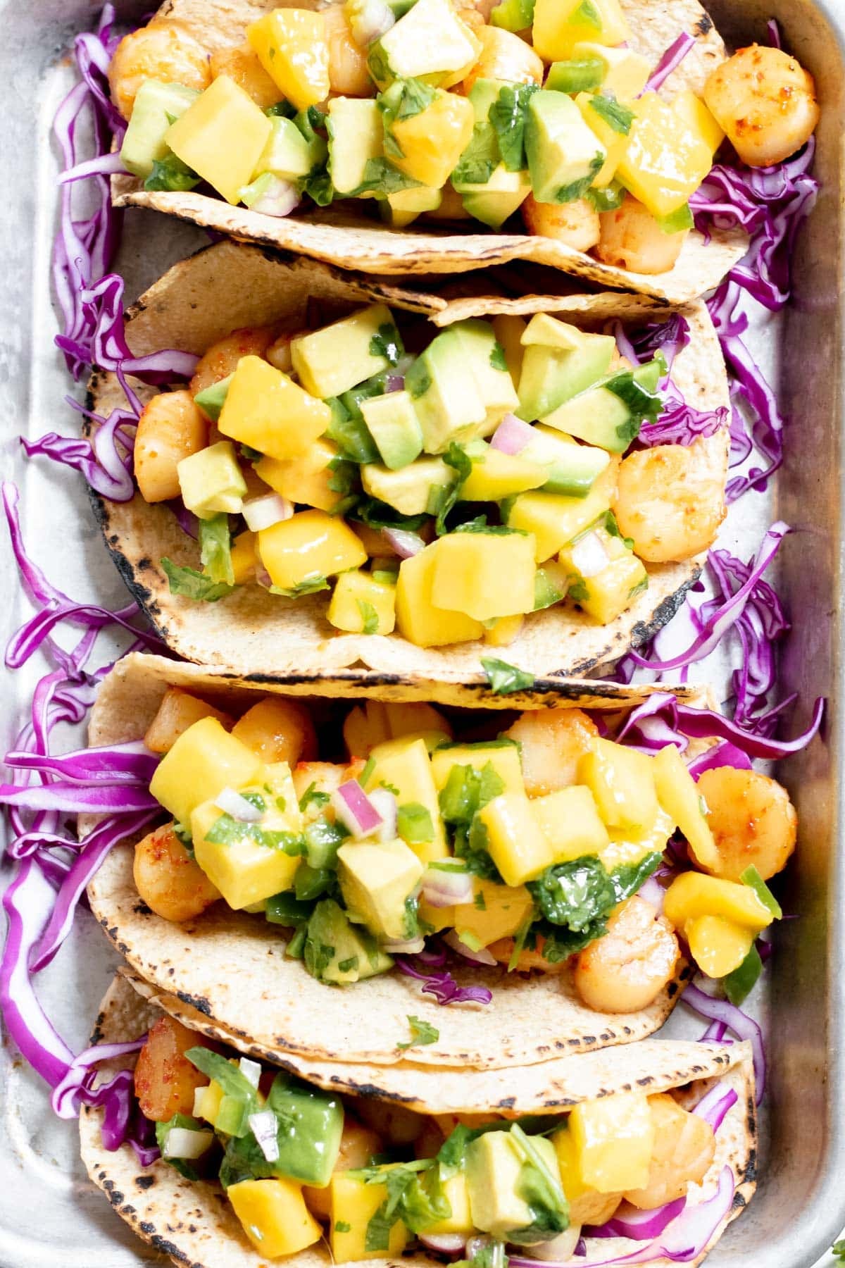 four Seared Scallop Tacos with Mango Avocado Salsa
